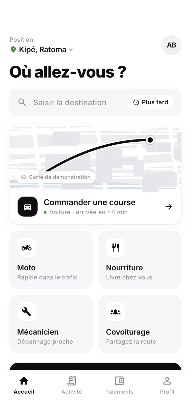 Écran d’accueil : course, moto, nourriture, mécanicien et covoiturage.