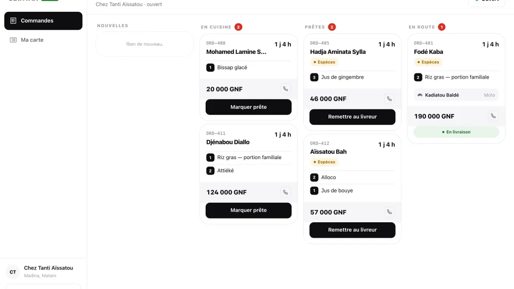 Le tableau des commandes : nouvelles, en cuisine, prêtes et en route.